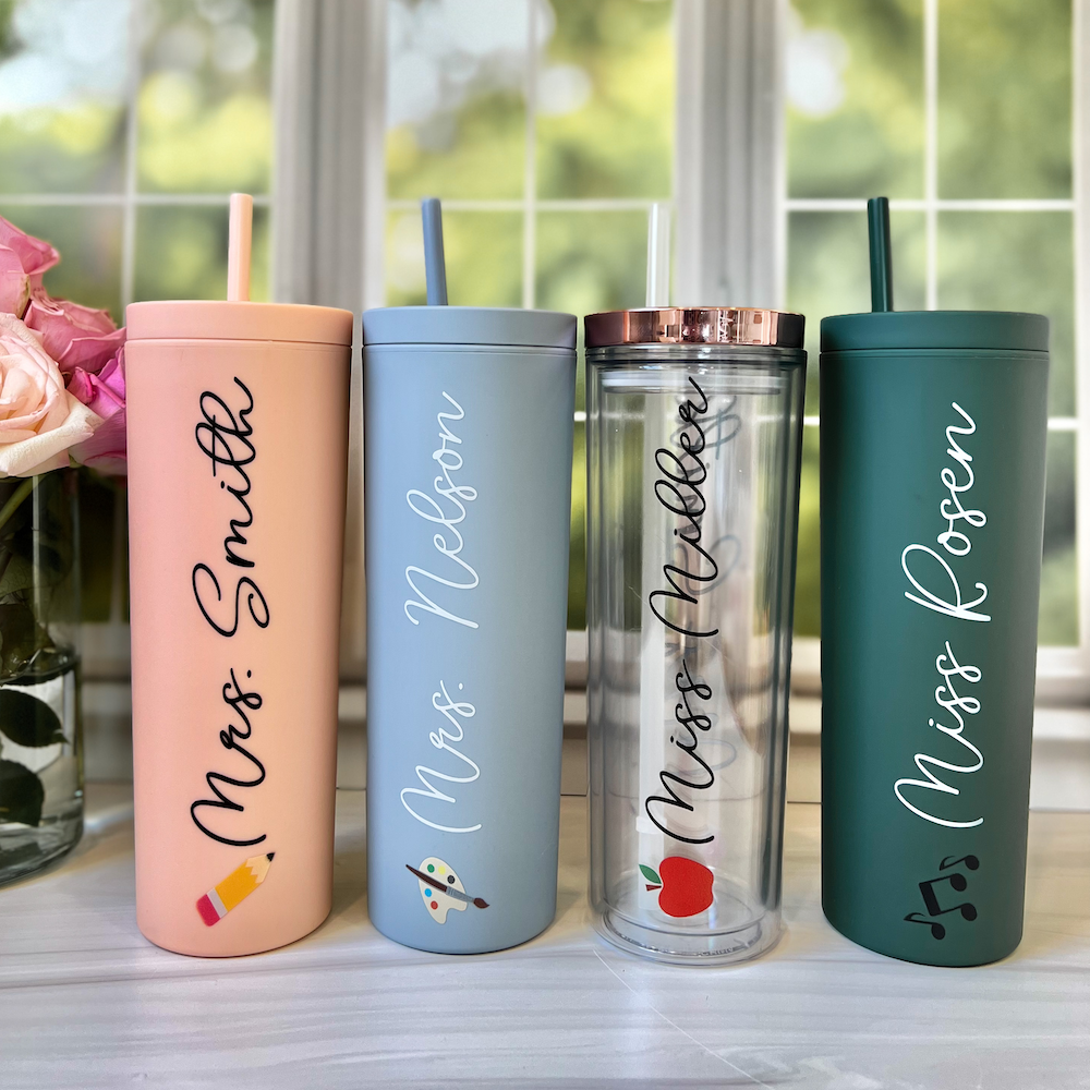 teacher drinkware gift, crayon tall skinny acrylic tumbler gift