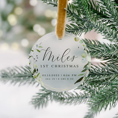Baby's First Christmas Ornament with Birth Stats - Greenery - Barn Street Designs