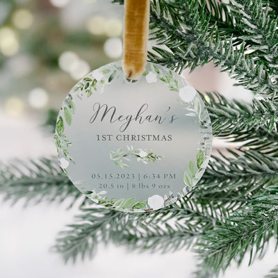 Baby's First Christmas Ornament with Birth Stats - White Floral - Barn Street Designs