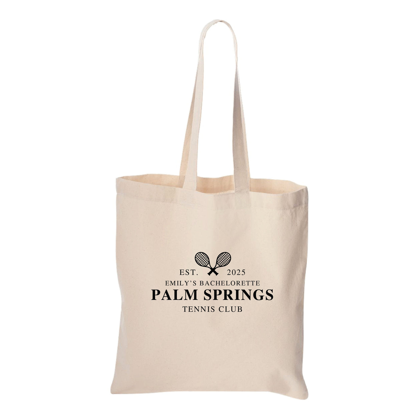 a tote bag with the palm springs tennis club logo on it
