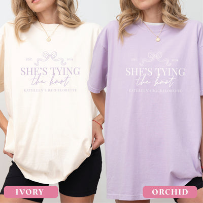 She's Tying the Knot Bachelorette T-Shirt - Bachelorette Party Shirts, Luxury Shirts, 1717 Comfort Colors, Custom Bachelorette Shirts