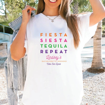 Fiesta Siesta Tequila Repeat Bachelorette T-Shirt -Bachelorette Party Shirts, Luxury Shirts, 1717 Comfort Colors, Custom Bachelorette Shirts