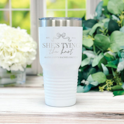 She's Tying the Knot Personalized Tumbler, Bridesmaid Gift Tumbler, Personalized Coffee Tumbler, Bachelorette Party Tumbler