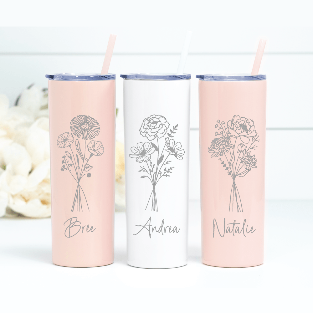 Birth Flower Personalized Skinny Tumbler with Straw