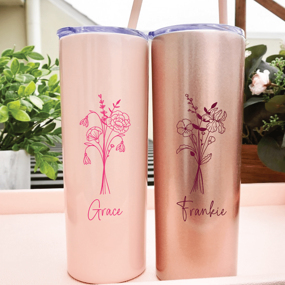 Birth Flower Personalized Ink Printed Skinny Tumbler with Straw