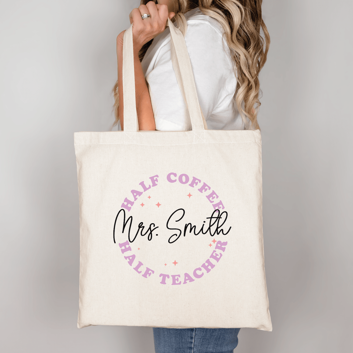 Half Coffee Half Teacher Personalized Canvas Tote Bag