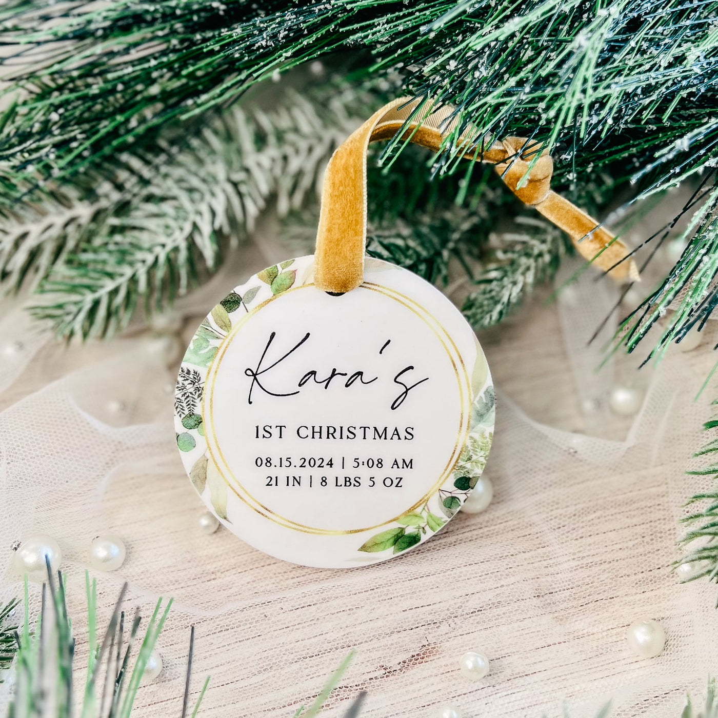 Baby's First Christmas With Stats Greenery Ornament