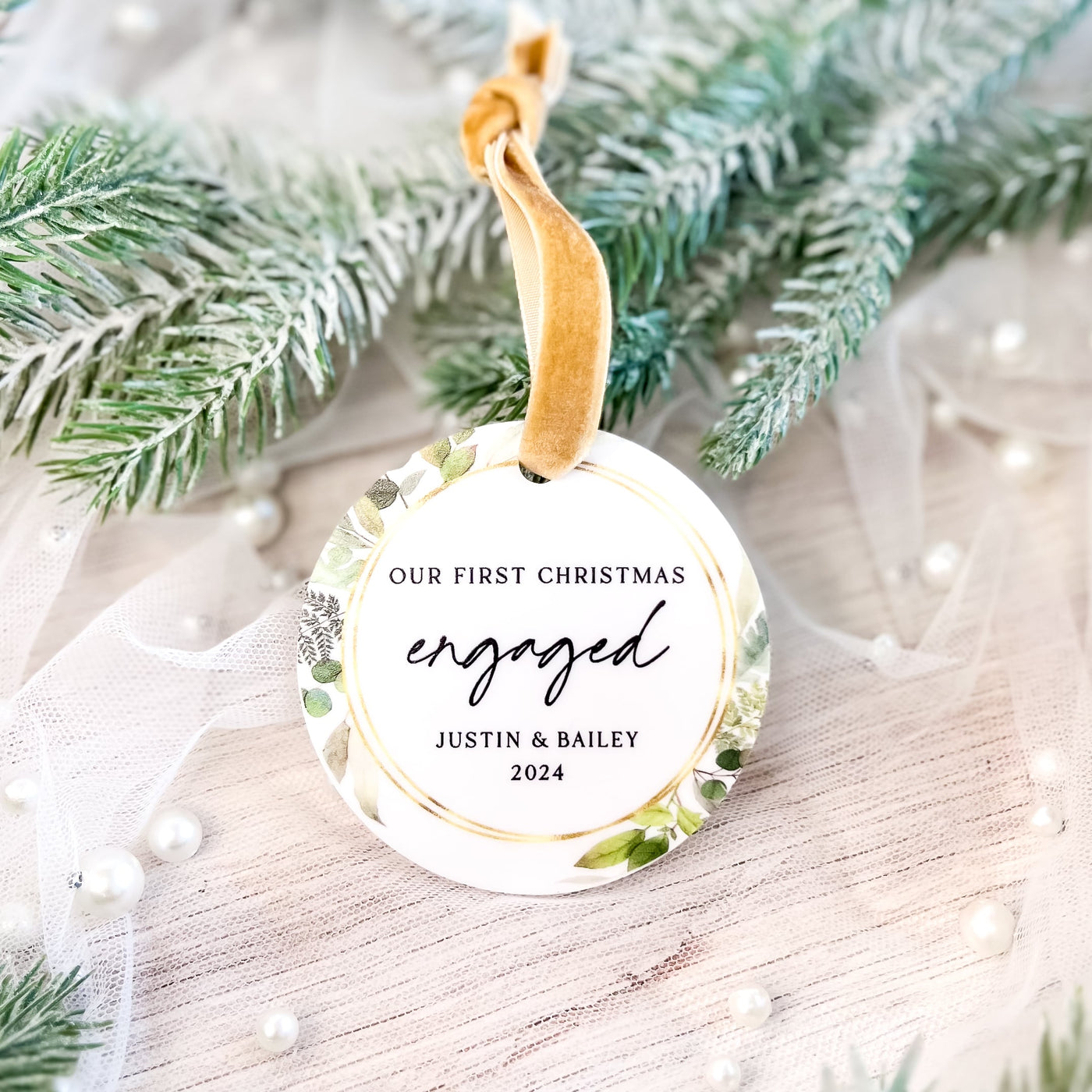 Our First Christmas Engaged Greenery Ornament